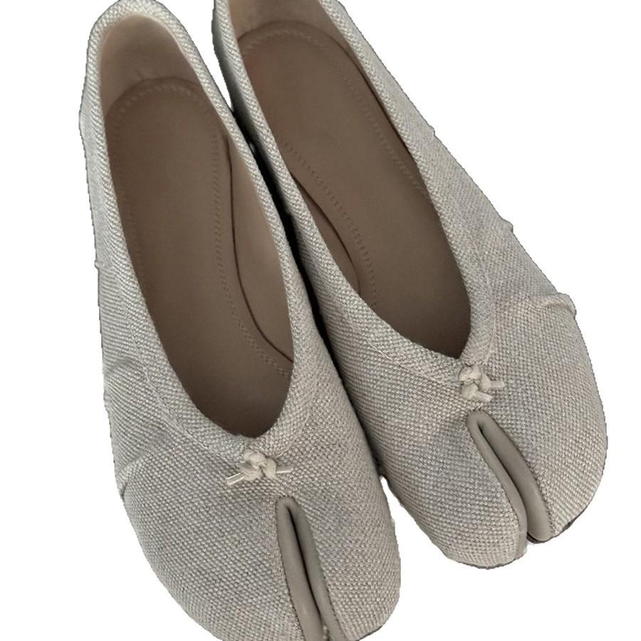 Cowhide version~ pleated linen leather soft-soled split-toed shoes women's canvas Mary Jane flats pig's trotters single shoes ladyshoes