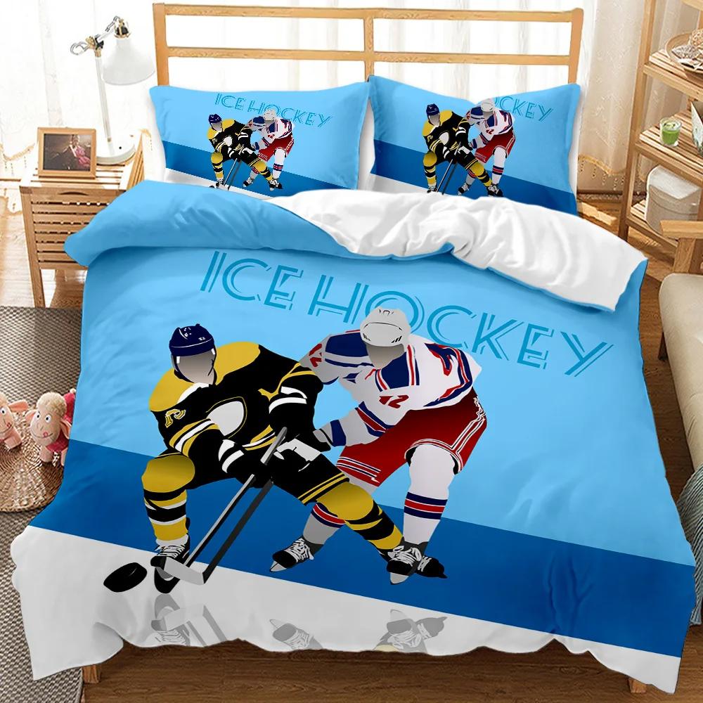 Ice Hockey Duvet Cover Set Twin Hockey Sport Player Bedding Set Winter Extreme Sport Game Polyester Comforter Cover Set King