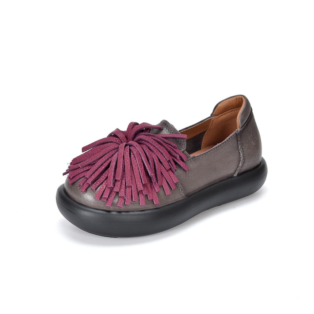 Johnature Genuine Leather Thick Soled Women's Shoes Comfortable Retro Handmade Tassel Slip-on Shoes