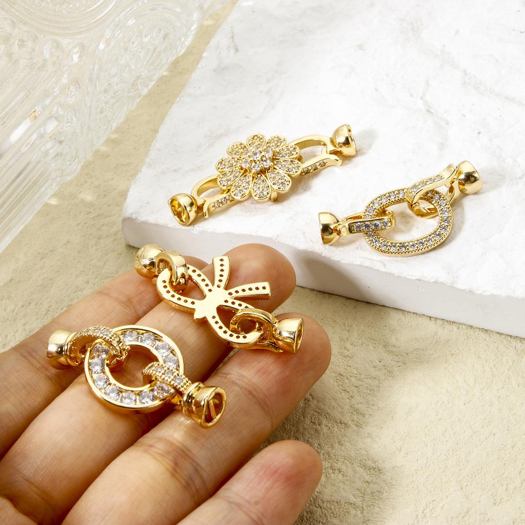 1pc Brass Fold Over Clasps Bowknot Flower 18K Gold Plated Clear Cubic Zirconia Women Fashion Jewelry Findings
