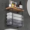 Wall Mounted Towel Holder with Wood Shelf Strong Load-bearing Easy To Install Multi-functional Bathroom Towel Rack Storage Holder