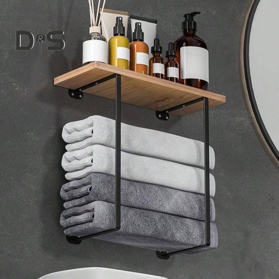 Wall Mounted Towel Holder with Wood Shelf Strong Load-bearing Easy To Install Multi-functional Bathroom Towel Rack Storage Holder