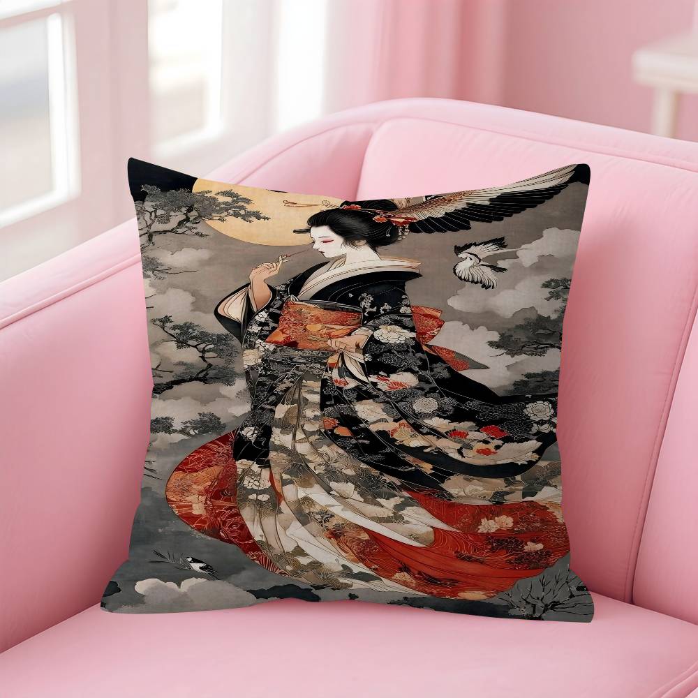 Landscape Samurai Geisha Bonsai Torii Gate Sakura Pillow Cover For Bedroom Room And Living Room Sofa Decorative Cushion Cover