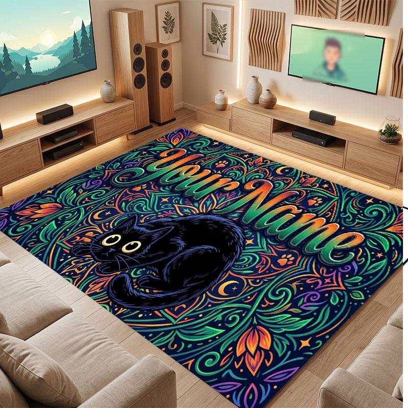 Cat Theme Crystal Velvet Floor Rug Personalized Custom Name Text Warm Carpet Home Decoration