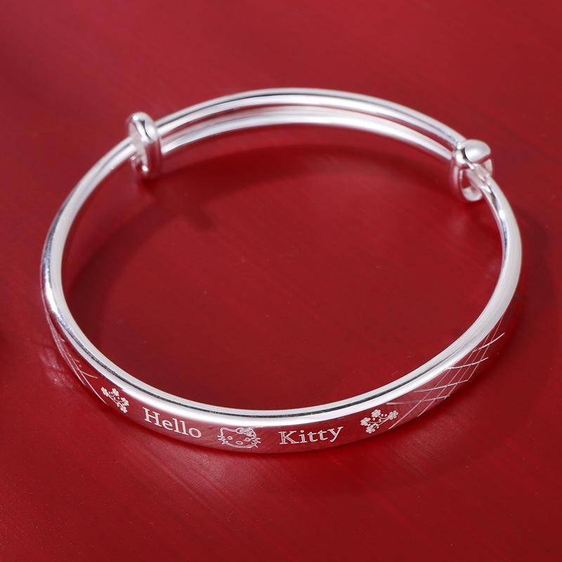 Big Kids 9999 Sterling Silver Keti Cat Bracelet - Solid Silver, Push-Pull Bangle, Engravable, Simple Design for Children.