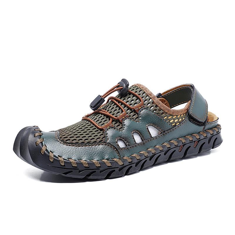 Summer new hand-sewn large-size casual cool leather shoes men's outdoor mesh hollow beach shoes