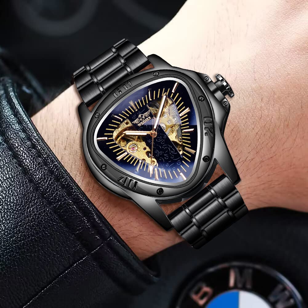 FORSINING Mechanical Wristwatch Triangle Racing Dial Waterproof Gold Skeleton Dial Automatic Movement Leather Design Men Black L Classic