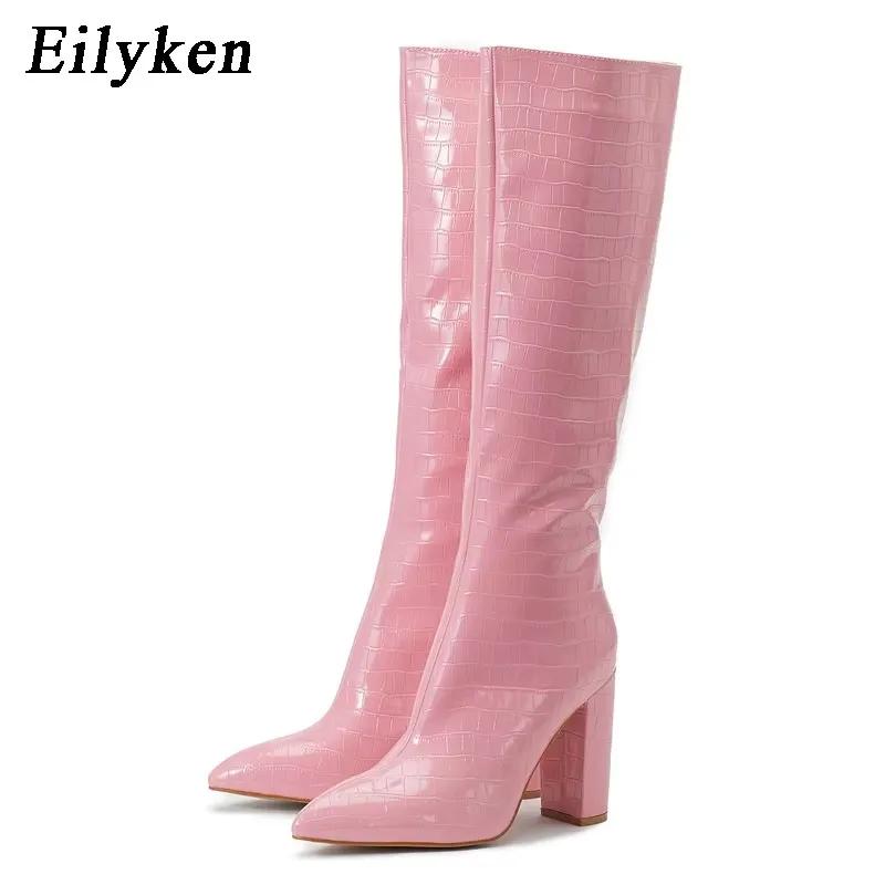 Fashion Eilyken Autumn Winter High Heel Women Knee High Serpentine Boots Designer Chunky Shoes Zipper Long Botas Mujer