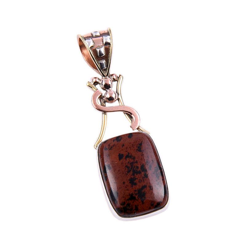 Natural Mahogany Obsidian Gemstone 925 Solid Silver Two Tone Pendant 1.75" E4p37