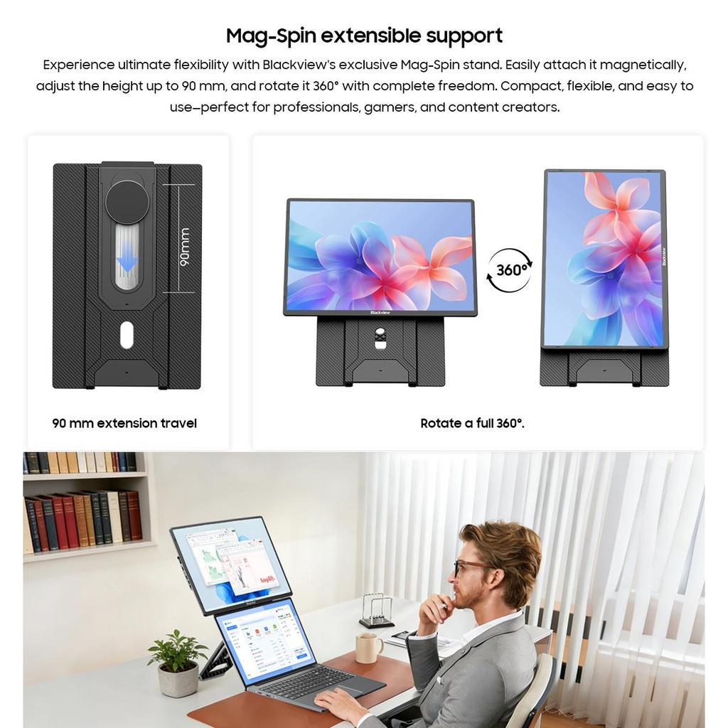 Blackview Table 9 Portable Monitor 16Zoll FHD Laptop Screen Extender Up and Down