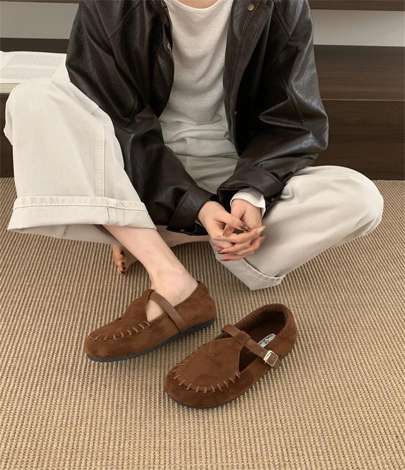 Retro square head Mary Jane shoes women's 2025 autumn new versatile soft sole suede low heel square head single shoes lazy shoes