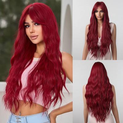 Lange lockige Wellen-Synthetik-Perücken, weinrote Perücke mit Pony für schwarze Frauen, tief gewellt, Cosplay-Party, Naturhaar-Perücke, hitzebeständig
