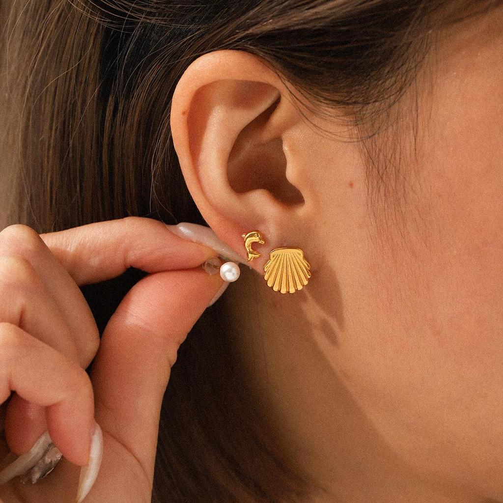 Luxury Set: Stainless Steel Pearl Stud, Dolphin Shell, Titanium Steel Earrings
