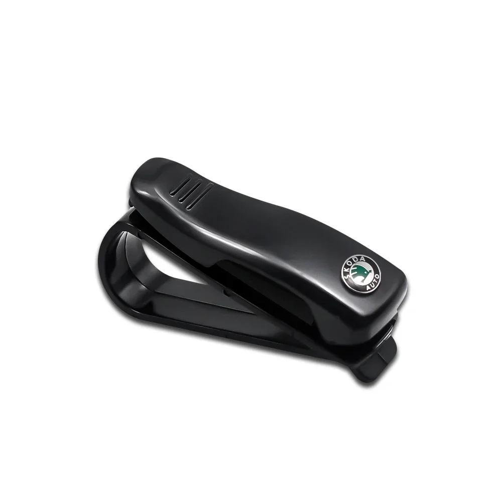 CAPR9 Car Logo Glasses Holder Sun Visor Sunglasses Clip Card Ticket Stand Accessories For Skoda Octavia Superb Yeti Fabia Rapid Kodiaq