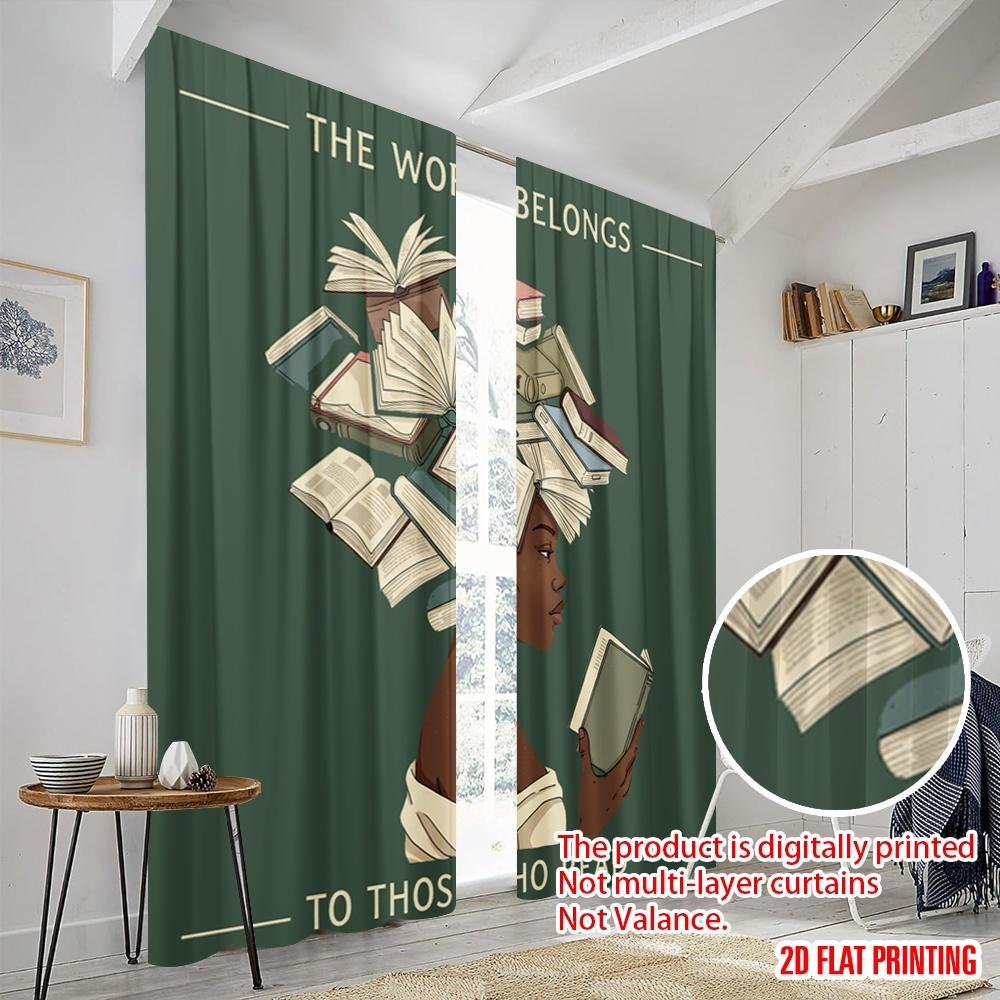 2pcs 2D flat printing Curtains Books Belong Read Wisdom Polyester Without Electricity Holiday Decorations Use for Holiday Party