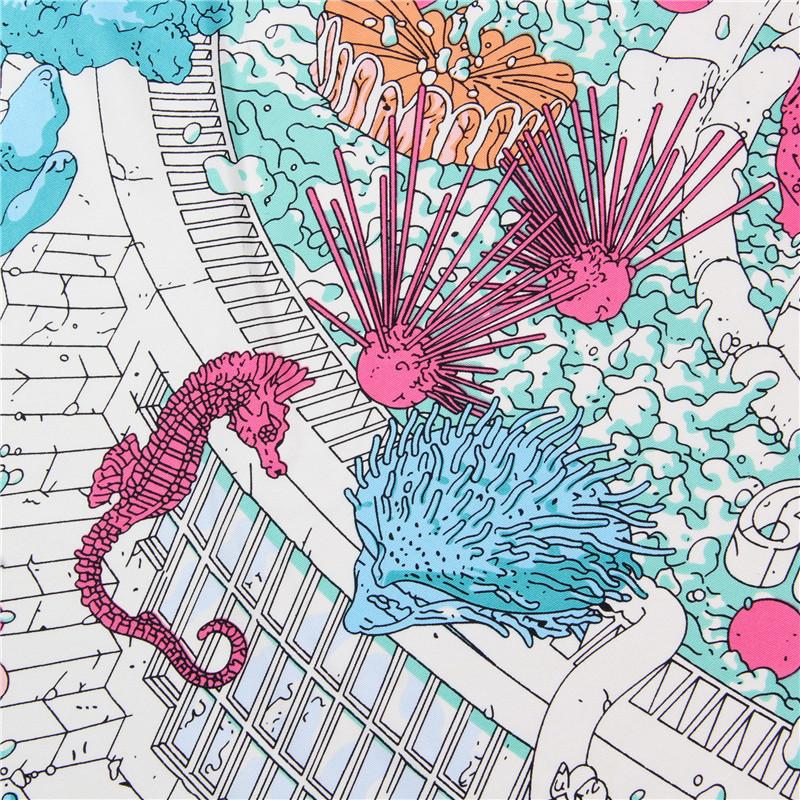 New Handmade curled silk scarf women 90cm Underwater world Print twill square scarf Retro printing silk scarf shawl Headband