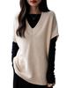 Women's V-neck Ribbed Wool Sweater Vest - Sleeveless, Loose Fit for Autumn/Winter.