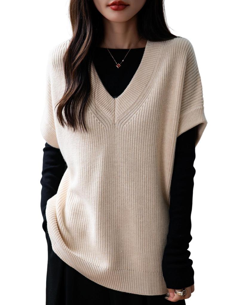 Women's V-neck Ribbed Wool Sweater Vest - Sleeveless, Loose Fit for Autumn/Winter.