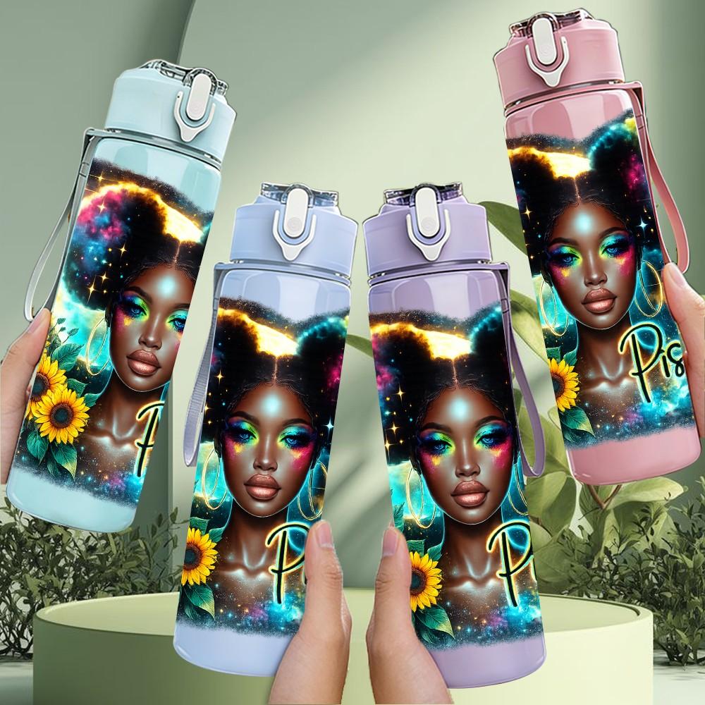 1PC Black Girl Galaxy Colorful Portrait Print 750ml Color Plastic Sports Water Bottle Leakproof Flip Straw Lid Suitable for Sports Office Home Use