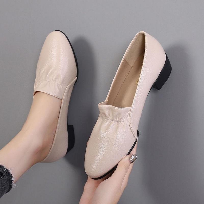 Black Fold Design Leather Shoes Women's Round Toe Soft Sole Mid-heel Commuting Work Shoes Comfort Lightweight