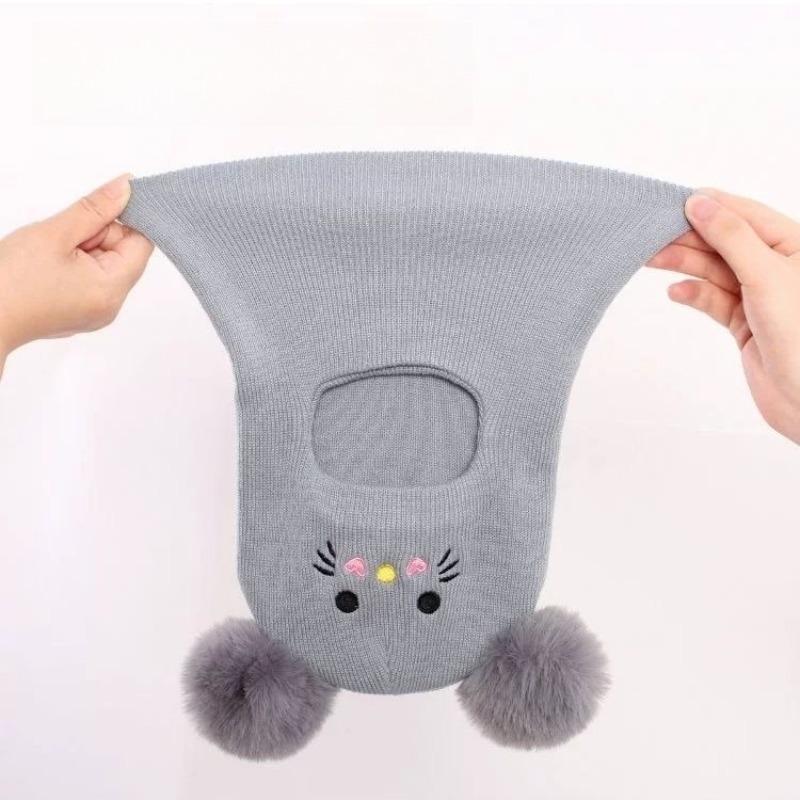 Winter Children Knit Balaclava Hat Warm Scarf One Piece Hats Neck Ear Protection Headgear Cap Pompom Baby Hooded Beanies 1-8Year