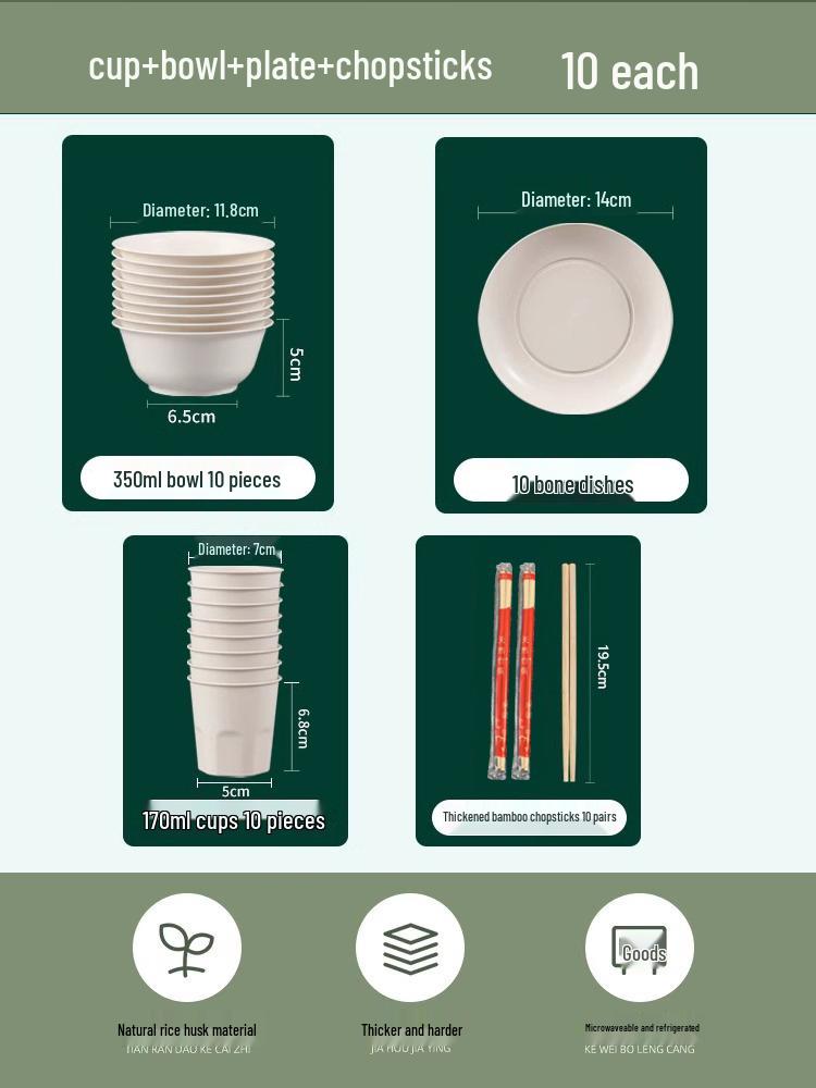 Eco-Friendly Rice Husk Tableware Set: Bowl, Chopsticks, Spoon & Cup – Recyclable & Food-Grade for Dining, Parties, Home, & Picnics (4-Piece)