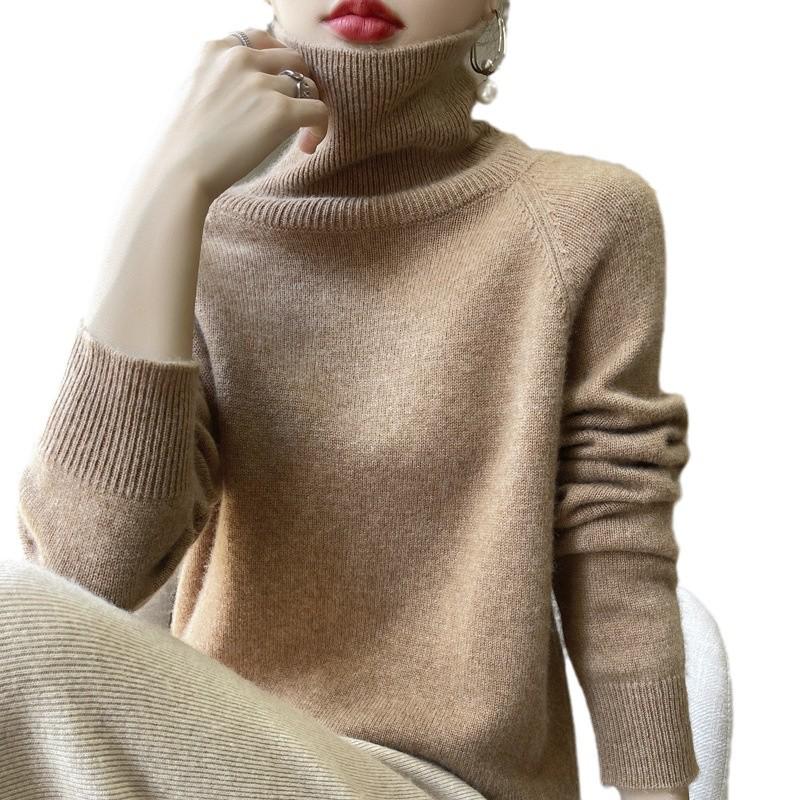 Women's High Neck Cashmere Sweater - Loose Fit, Thick Knit Pullover for Autumn & Winter