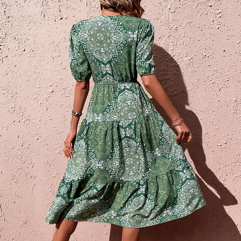 Summer Vintage Green Medium Long Paisley Print Dress