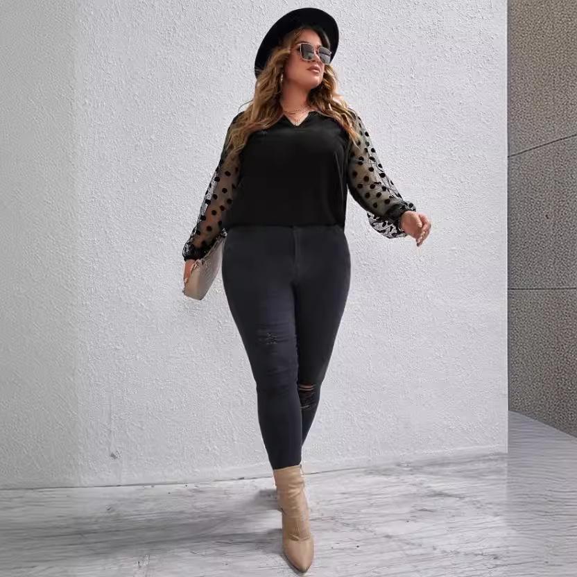Plus Size Women's Mesh Patchwork Long Sleeve Solid Color Shirt