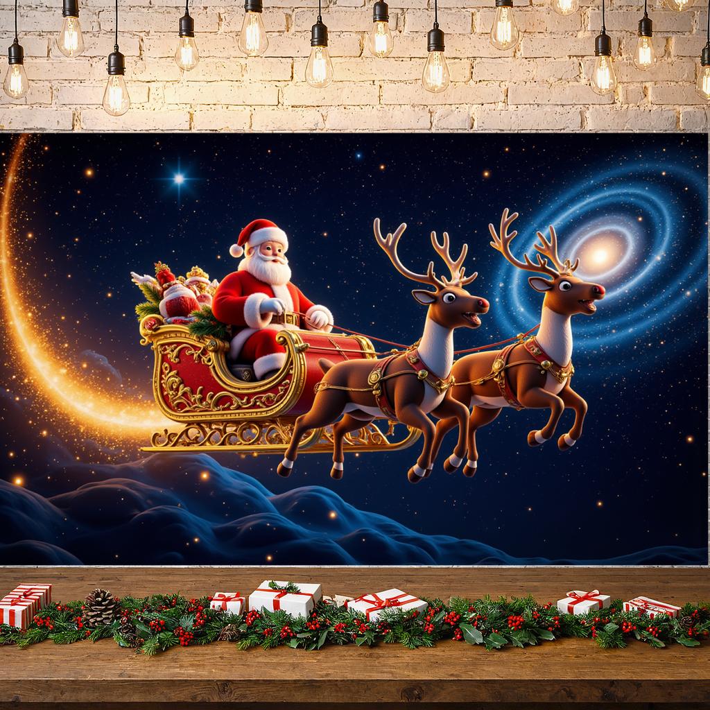 Santa Claus Display Shiny Elements Winter Display Reindeer Backdrop Festive Atmosphere Santa Sleigh Backdrop For Party Backdrop