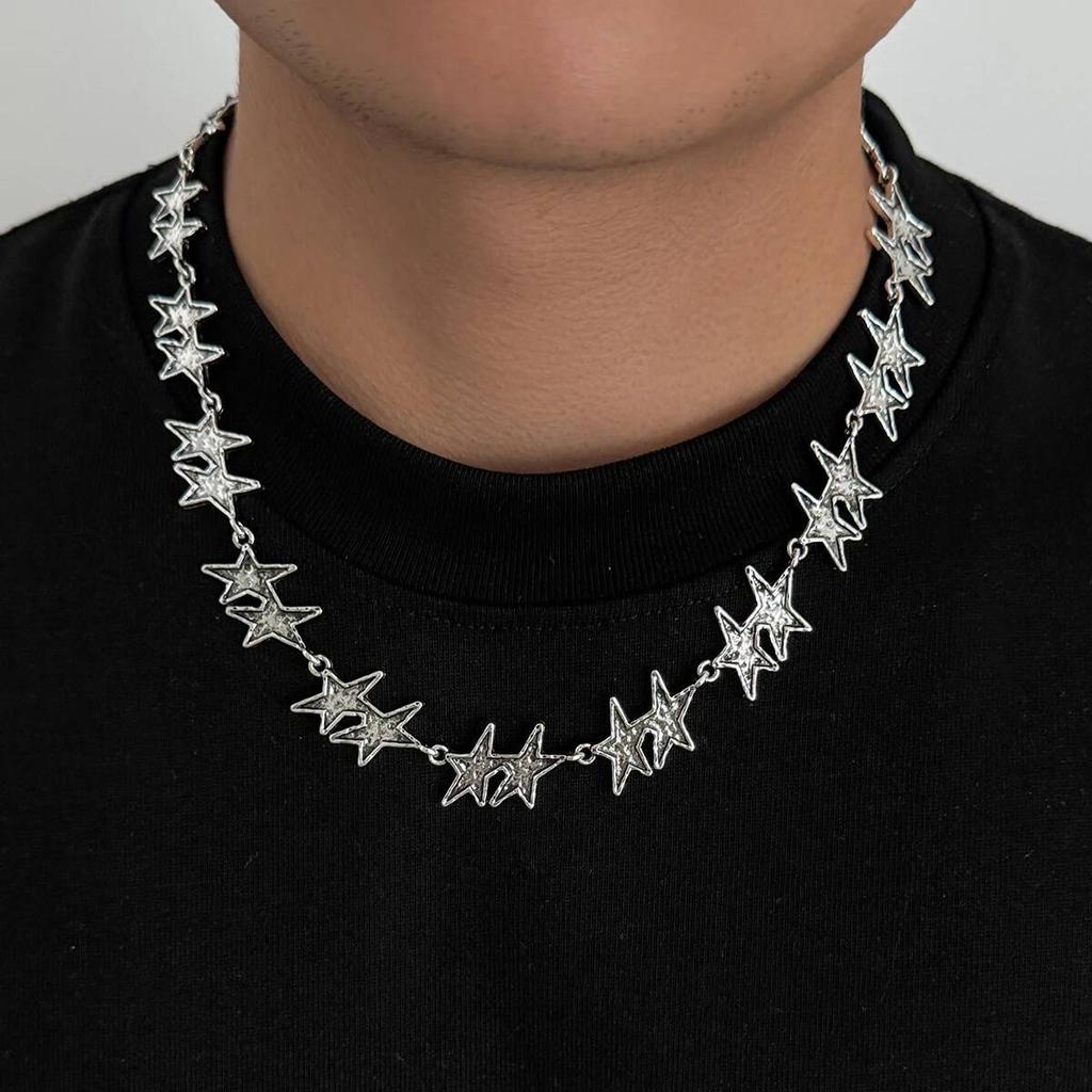 Salircon Colliers Punk Créatifs Étoile à Cinq Branches pour Hommes Argent Vintage Chaîne de Clavicule Réglable Bijoux Tendance Rue