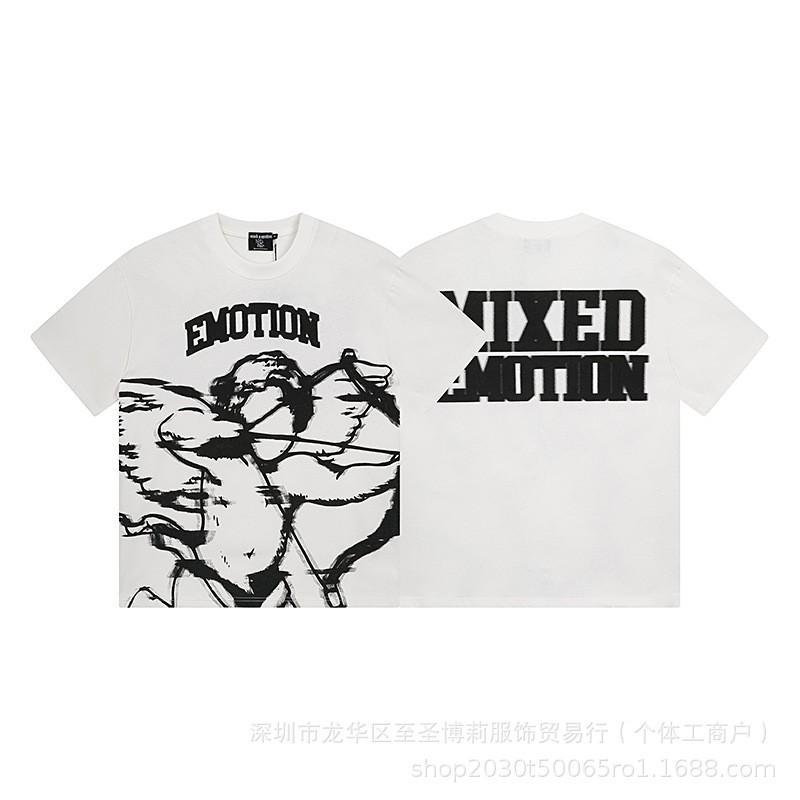 Unisex Vintage American Style Loose Fit Cotton Tee With Embellished Letter Print Round Neck Short Sleeve