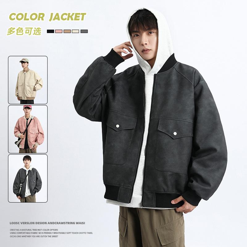 Autumn new large size fat couple casual Hong Kong style PU leather jacket men's loose solid color coat