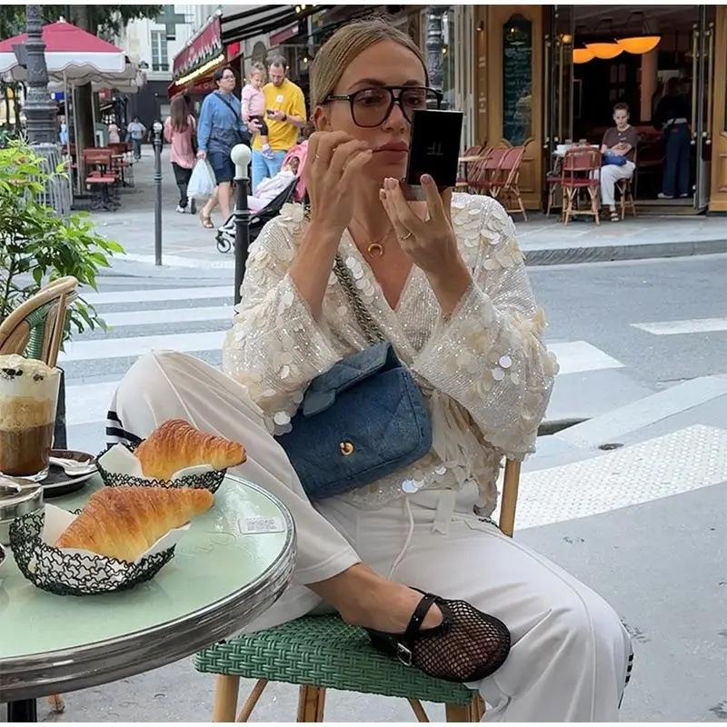 Sequined Patchwork Lace-up Shirt, Long-sleeved V-neck Loose Short Jacket, Party Wear