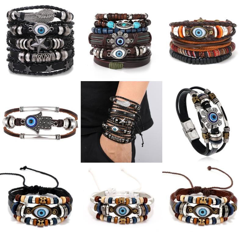 Boho Multilayer Leather Bracelets Evil Eye Charm Beads Bracelet Bangle For Women Men Vintage Punk Wrap Set
