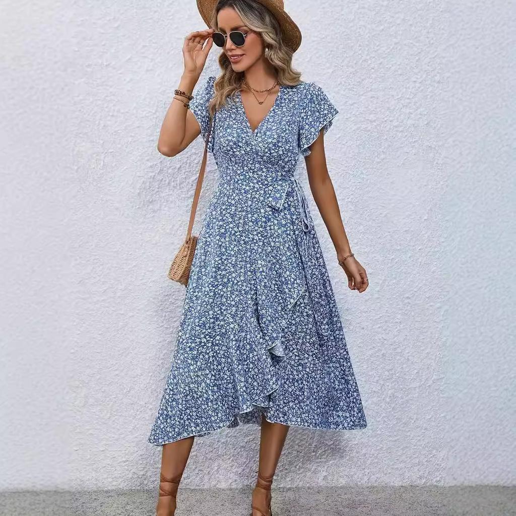 European and American summer floral new vacation short-sleeved temperament waist v-neck wrap dress