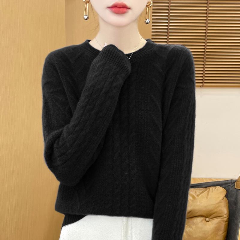 Women's Pure Wool Cable Knit Pullover - Thick Autumn/Winter Round Neck, Loose Fit Cashmere Sweater