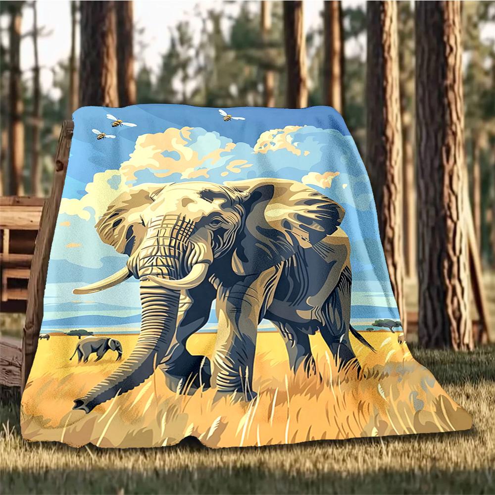 1pc African Elephant Print Outdoor Flannel Blanket, Cozy & Warm Soft Te Playful Design, Napping Camping,