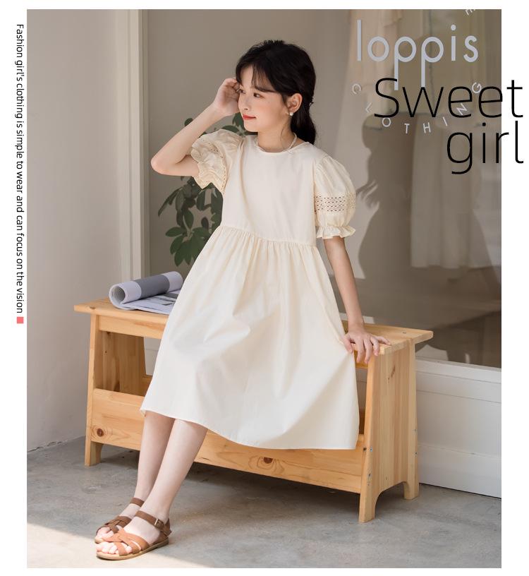 Korean Style Girls' Puff Sleeve Jumpsuit Dress - Short Sleeve Solid Color Kids' Clothing 2025