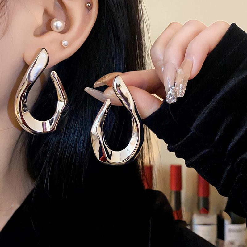 Exaggerated Metal Glossy Irregular Distorted Geometric Large Earrings for Women  Fashion Personality Party Vintage Zircon Gifts