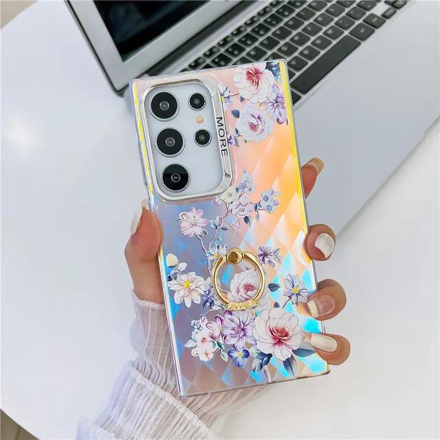 Capa de suporte de telefone Bling Raser Ring para Samsung S23 FE S24 A35 A55 A12 A25 A54 A14 A34 S22 Ultra Flower Leaf Plating Cover