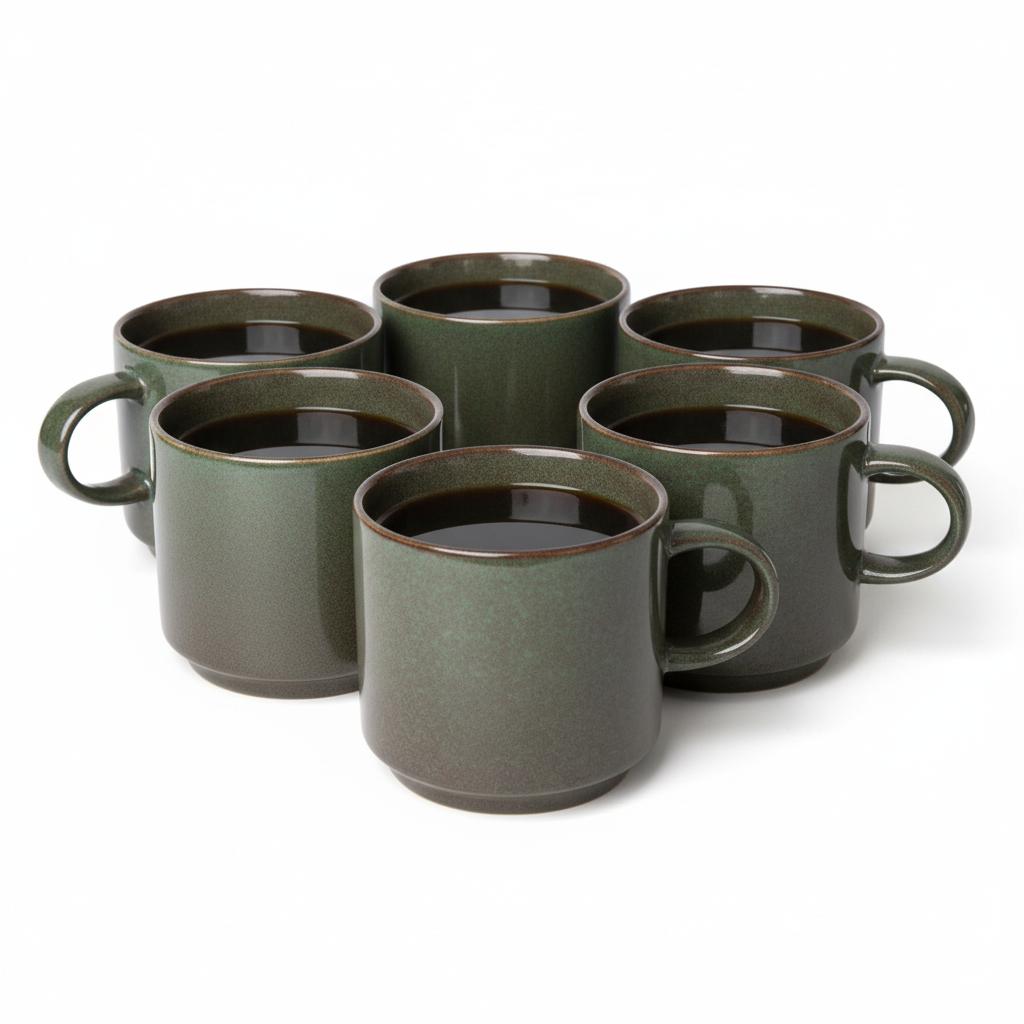 Coffee Tea Mugs Set 6 Pcs Dark Green Matte 350 Ml Ø 9.5 Cm