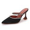 New Pointed Toe High Heels Slingback Sandals with Crystal Rhinestones Wine Glass Heel Satin Women Shoes