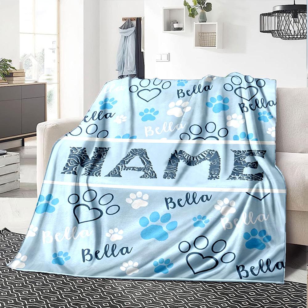 Paw Prints And Bella On A Blue Background With A Central Section Gift Personalized Blanket Customize Your Name Soft Cozy Throw For Sofa Couch Office