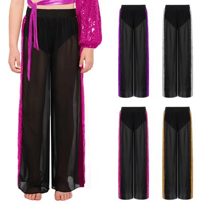 Wettkampftanzhosen für Mädchen: Elastische Taille Pailletten Patchwork Chiffon Weite Hosen für lyrische Darbietungen