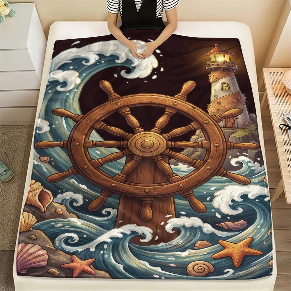 1PC Ships and seashells Print FlAannel Blanket, High quality Comfortable for All Seasons, Home Decor, Warmth and Comfort