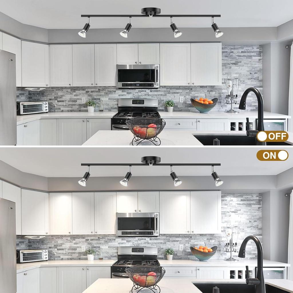 HURYEE Track Lights Ceiling, Black 4 Way Light Fixtures for Kitchen Hallway Bedroom Gallery Fixture Directional Accent Lamp Include 4 Bulbs (4W,