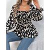 Women's Autumn and Winter Casual Wooden Ear Edge Square Collar Leopard Print Long Sleeve Top
