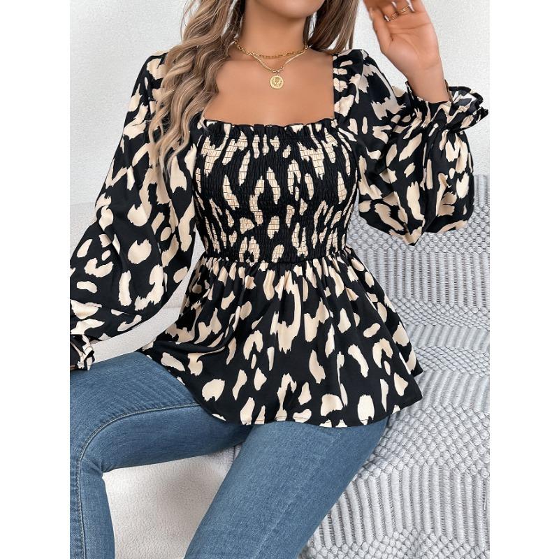 Women's Autumn and Winter Casual Wooden Ear Edge Square Collar Leopard Print Long Sleeve Top