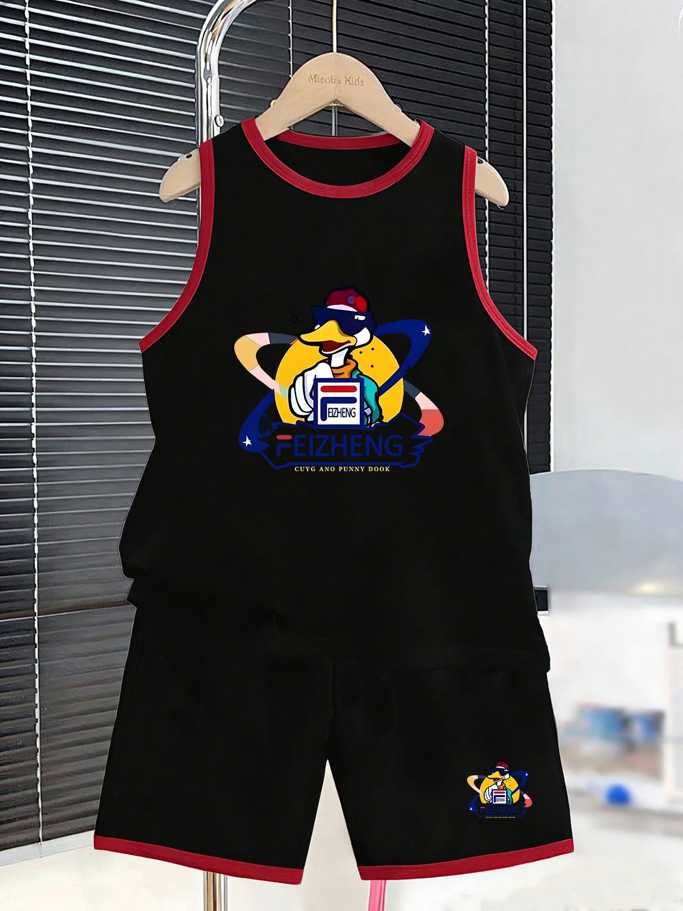 Boys trendy duck graphic casual vest shorts. Fashion unique print, soft lightweight fabric for summer daily and leisure outings. 2-3Y